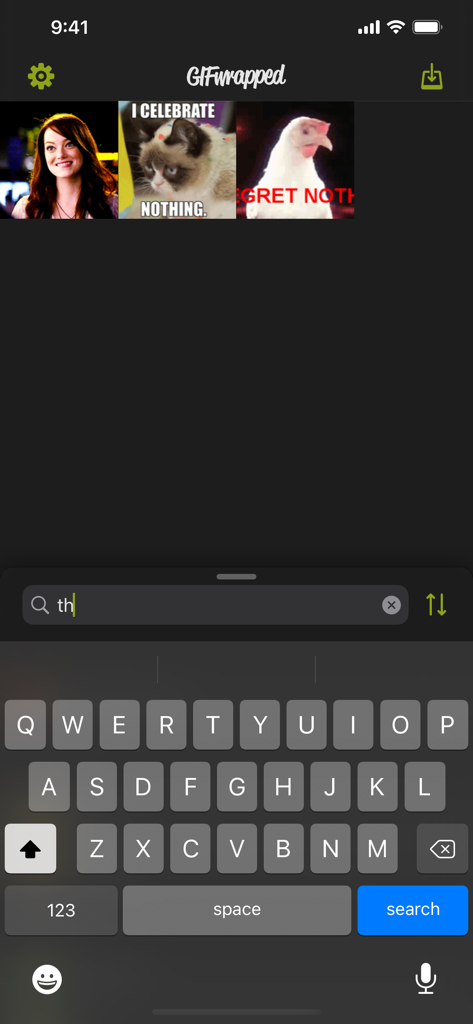 iOS上のGIFwrappedアプリの検索インターフェース。保存されたGIFのギャラリーとアクティブなキーボードが表示されている。