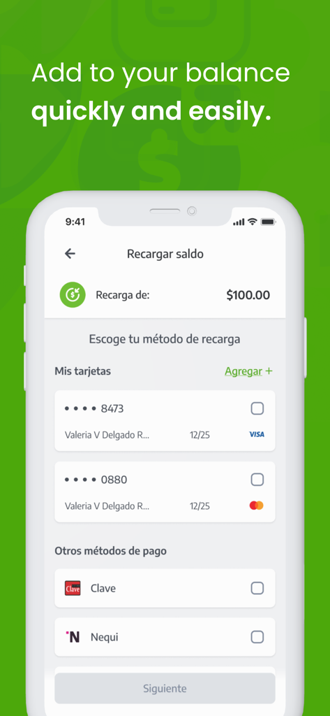 PagueloFacil - Interfaz de la app PagueloFacil que muestra opciones para recargar saldo usando tarjetas de crédito y métodos de pago regionales como Nequi y Clave