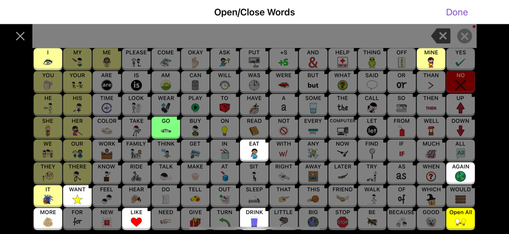 A grid of communication symbols in the Speak for Yourself AAC app highlighting the feature to show or hide specific words