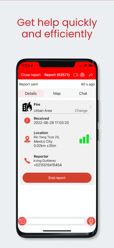 SayVU Personal & Public Safety - A mobile screen from SayVU app showing active fire emergency report details including location and contact info