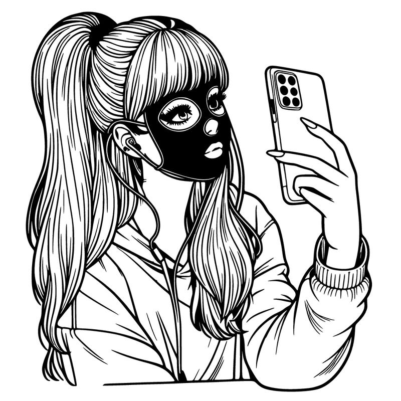realistic teenage girl with halloween mask taking selfie in mirror