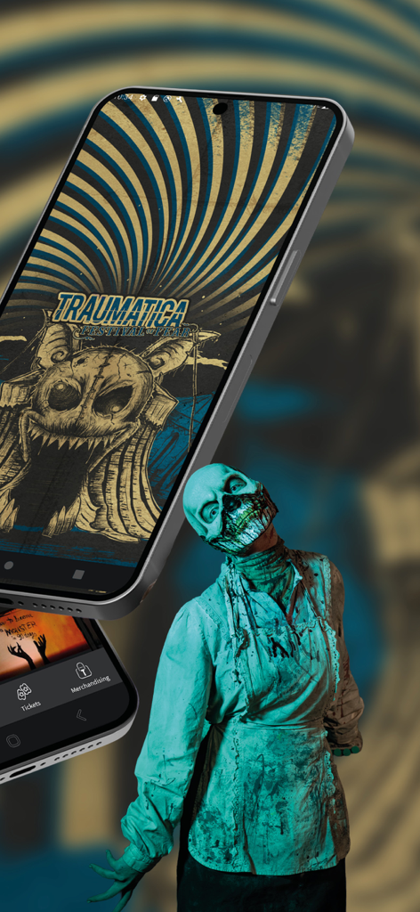 Traumatica - Um smartphone exibindo a tela do aplicativo Traumatica ao lado de uma pessoa em uma fantasia de terror assustadora.