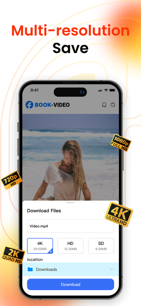 RingPlus app interface showing multiple video download resolution options including 4K Ultra HD and HD