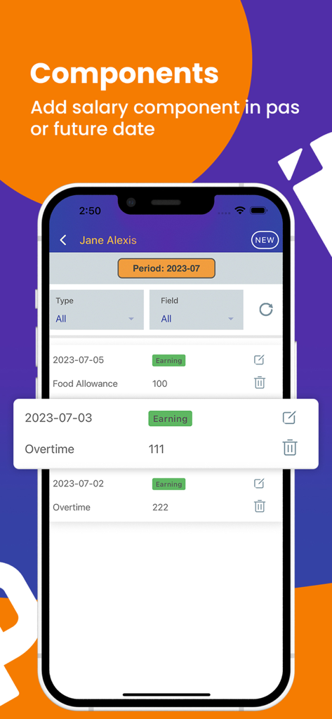 Auto Payslip Generator - Interface of the Auto Payslip Generator app showing various salary components like overtime and food allowance for an employee.