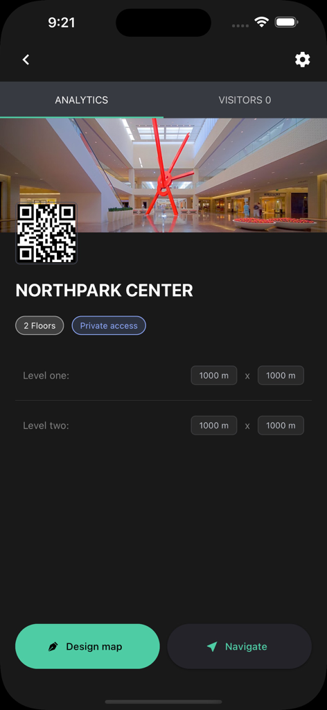 Map-in - Map-in app interface showing indoor navigation details for Northpark Center mall with design and navigate options.