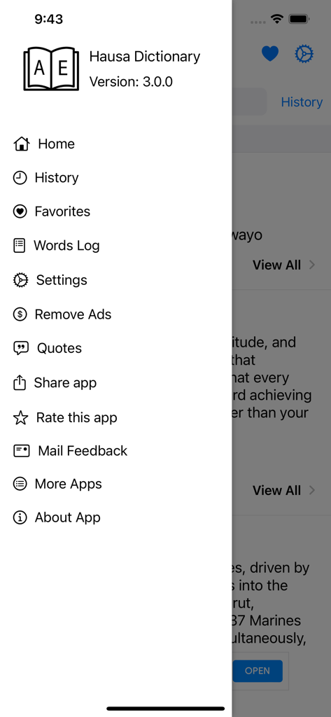 Menu de navegação lateral do aplicativo Smart Hausa Dictionary exibindo opções como histórico, favoritos e configurações
