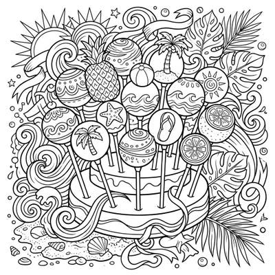 This intricate coloring page invites adults to a delightful summer scene featuring an array of charming cake pops. Each pop is adorned with fun beach and tropical elements, perfect for a relaxing and creative escape.
