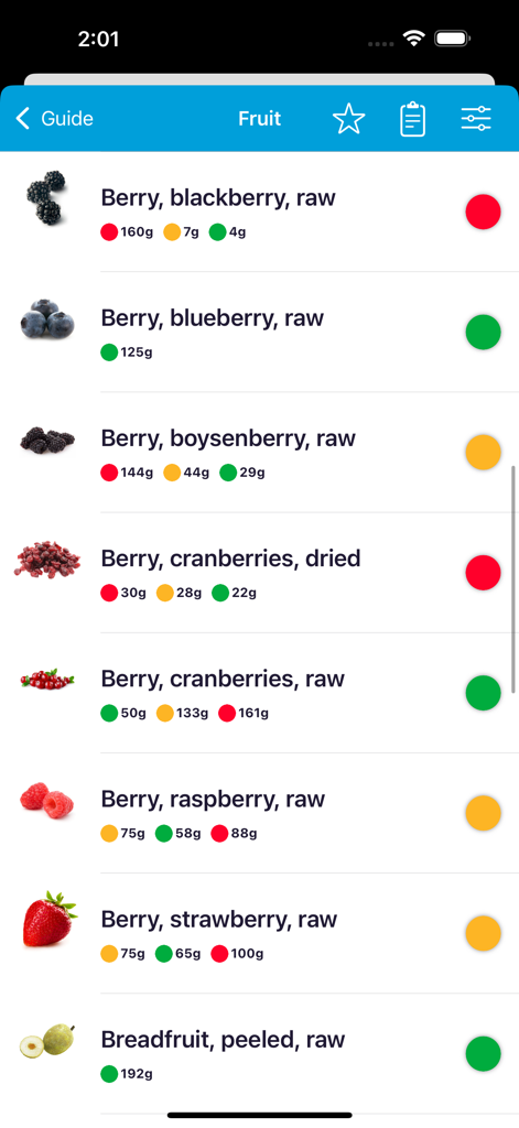 Monash FODMAP Diet - Monash FODMAP Diät-App Lebensmittelratgeber, der Obst-Sicherheitsbewertungen mit einem Ampelsystem anzeigt