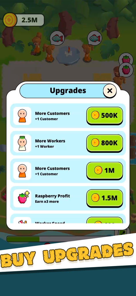 Menu de atualizações no jogo para Idle Civilizations mostrando opções para mais clientes e trabalhadores