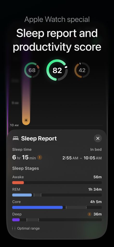 Exoplan: energy-aware calendar - Exoplan app interface displaying a detailed sleep report and productivity score based on sleep stages