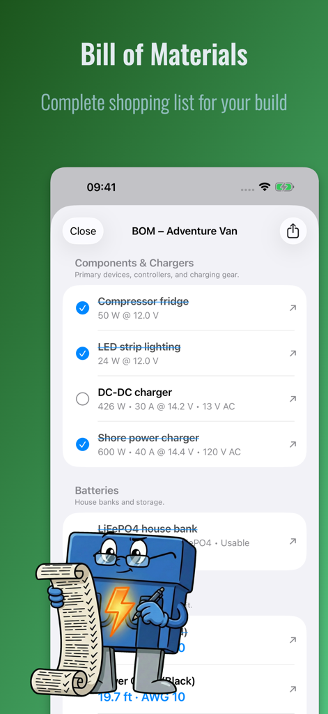 Bill of Materials screen showing a shopping list for electrical components in the Cable app
