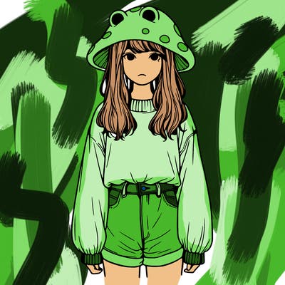 a realistic girl with a frog hat and baggy mushroom shirt