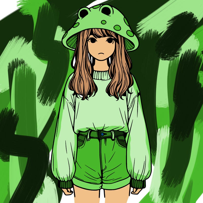 a realistic girl with a frog hat and baggy mushroom shirt