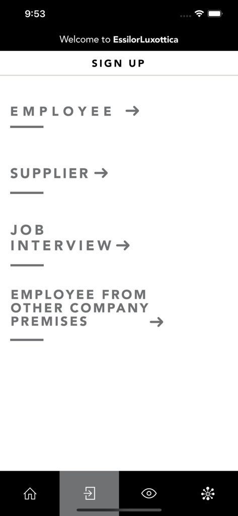 Welcome To EssilorLuxottica - Registration screen for the Welcome To EssilorLuxottica app showing options for employees suppliers and job interviews