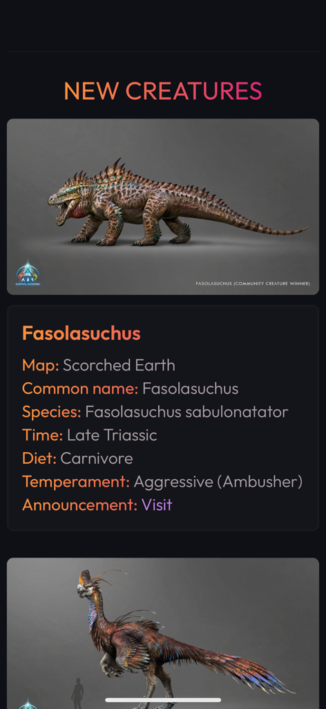 Mobile app interface showing Fasolasuchus creature details for ARK Survival Ascended