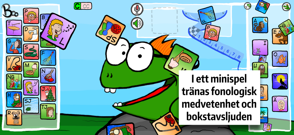 Ljuda med Boo! - El personaje Boo rodeado de tarjetas con letras suecas e ilustraciones en un minijuego de conciencia fonológica.