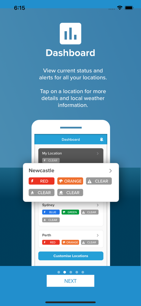 Weatherguard - Weatherguard app dashboard displaying color coded safety status and weather alerts for multiple infrastructure locations