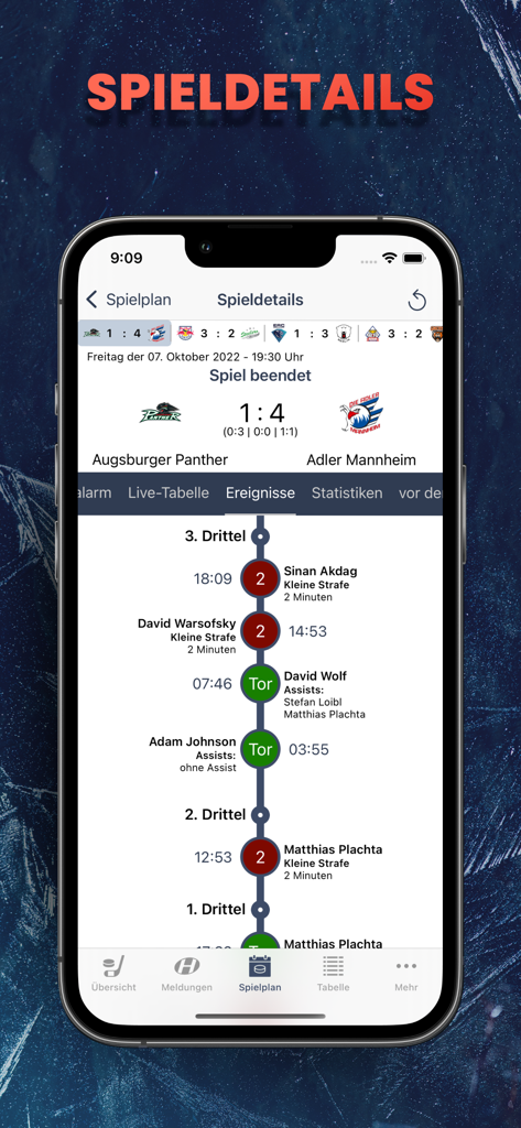 Ein Screenshot, der detaillierte Eishockey-Spielereignisse zeigt, einschließlich einer Zeitachse von Toren und Strafen für ein Spiel zwischen Augsburger Panther und Adler Mannheim.