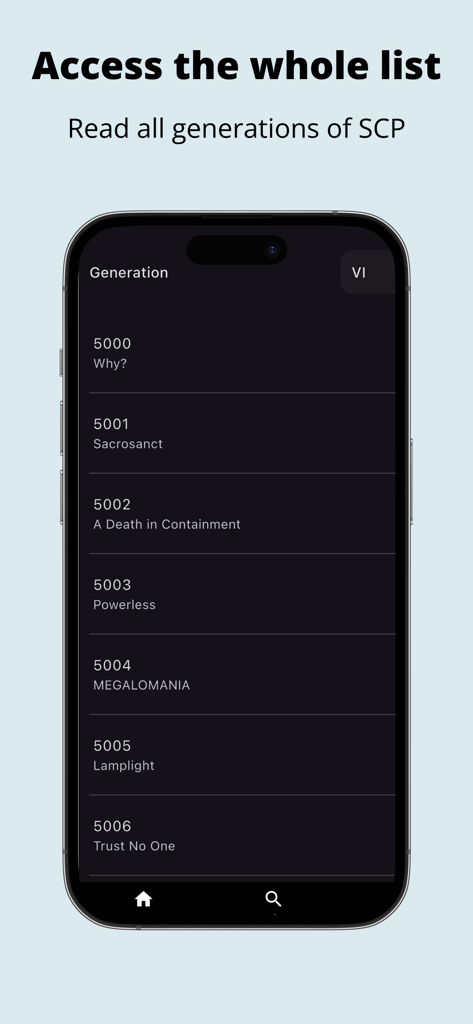 A mobile interface of the SCP Dictionary app displaying a categorized list of SCP entries in dark mode.