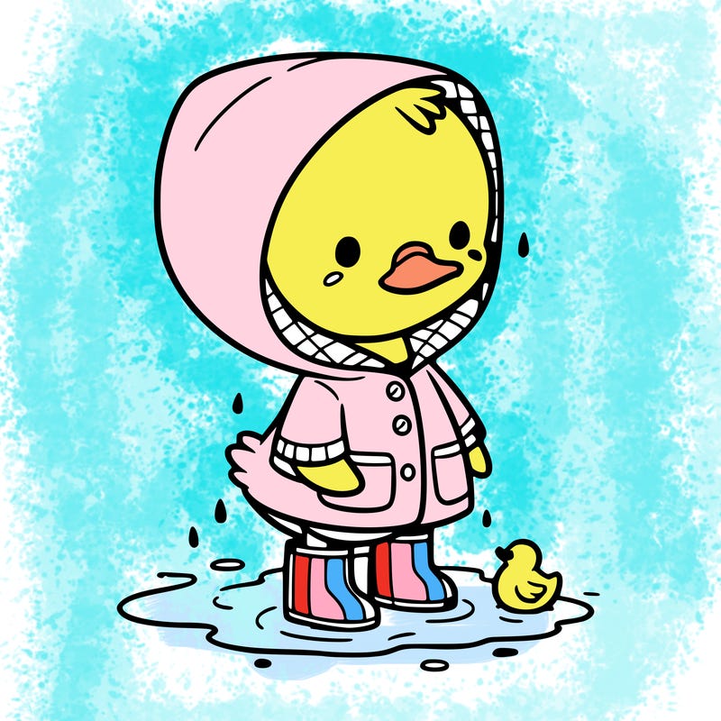 baby duck in a rain coat and boots, in a puddle while it’s raining