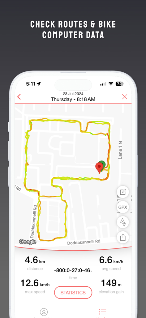 Bike GPS: Ride route tracker - Pantalla de la aplicación GPS para Bicicleta que muestra una ruta de ciclismo rastreada en un mapa con estadísticas de ruta que incluyen distancia y velocidad