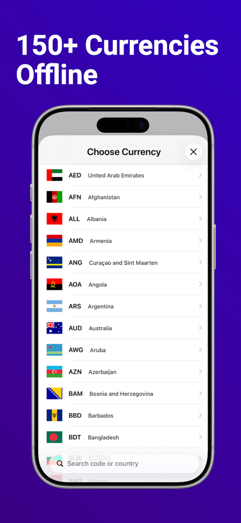 Um iPhone exibindo a tela Escolher Moeda do aplicativo Travel Exchange com uma lista de moedas globais e bandeiras sob o título Mais de 150 Moedas Offline