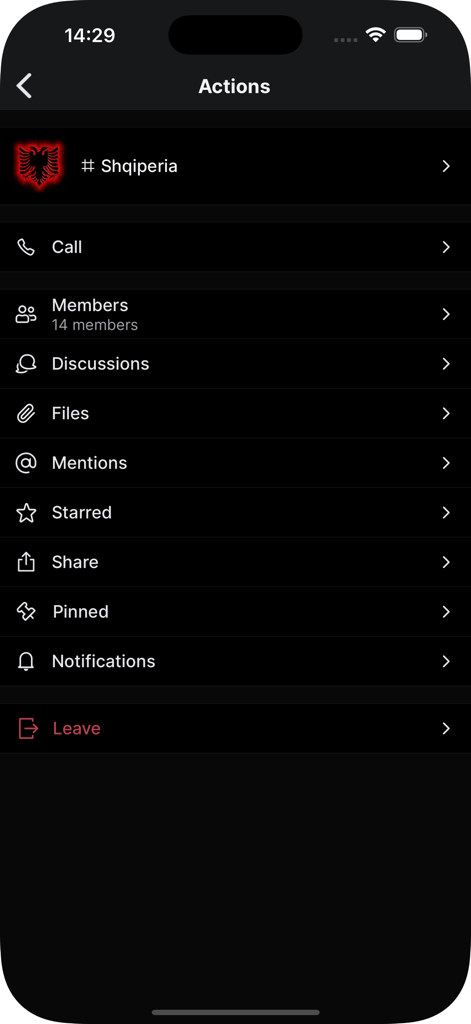 Shqiperia Chat - A mobile interface of the Shqiperia Chat app showing the Actions menu for the Shqiperia group including options for calls members discussions and files.
