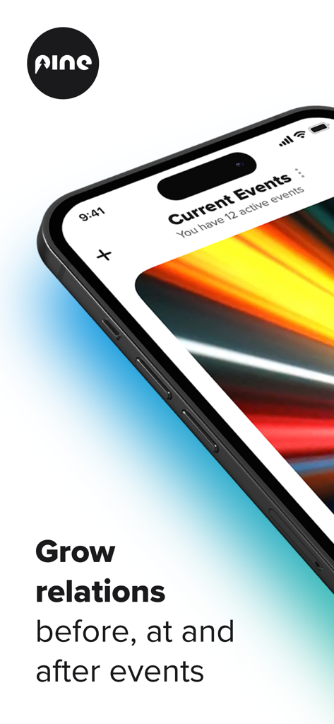 PINE Events - Pine Events mobile app interface on a smartphone screen showing event management and professional networking features