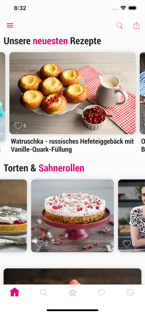 Sallys Welt - The home screen of the Sallys Welt app featuring new baking recipes and categories with high quality food photography.