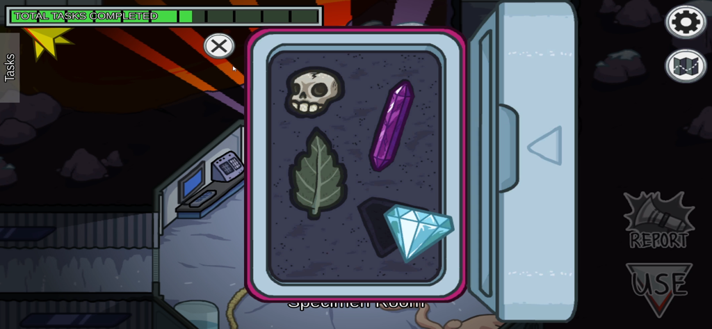 Among Us-Gameplay, das die Aufgabe im Probenraum mit Artefakten zeigt