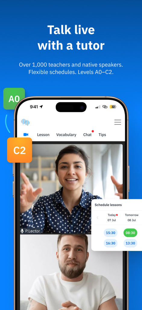 Fluentbe - Fluentbe app interface showing a live video call with a language teacher and a lesson scheduling window