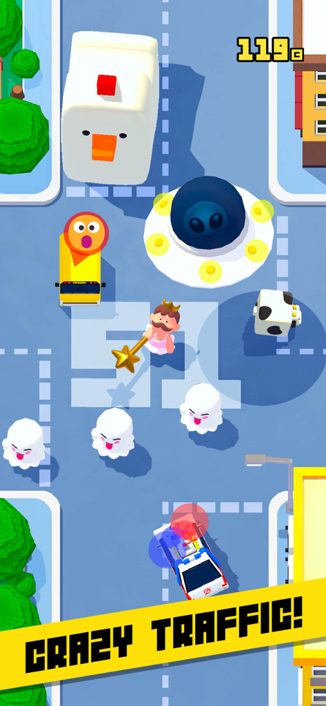 Mr. Traffic - Top-down view of Mr. Traffic gameplay featuring a giant chicken, a UFO, and ghosts in the middle of a busy crossroad.