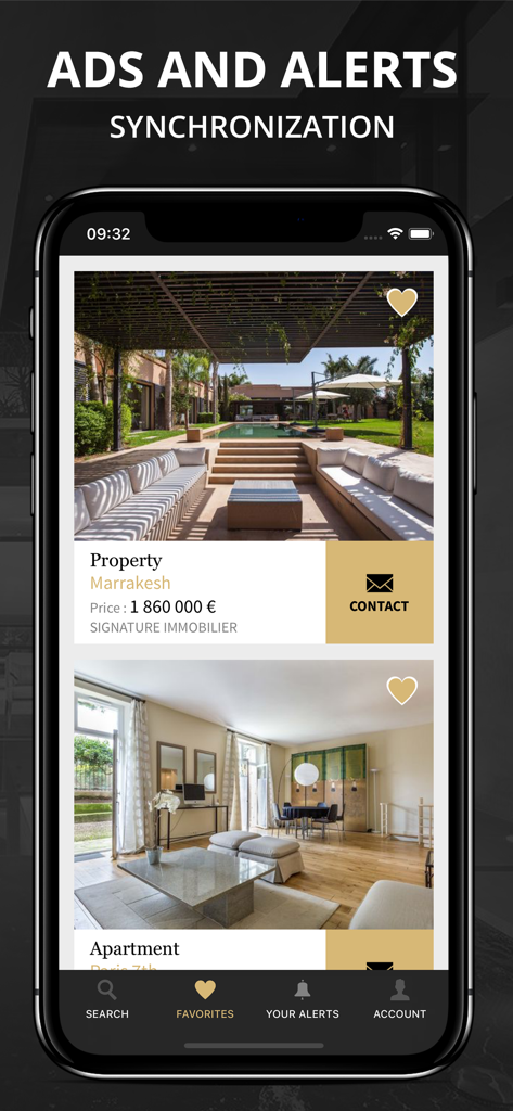 Le Figaro Properties - Mobile screen of Le Figaro Properties app displaying luxury real estate listings in Marrakesh and Paris.