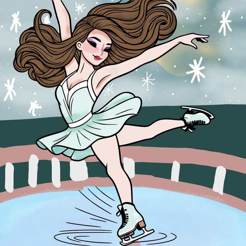 a realistic figure skater with long hair performing a spinning jump in a short, flowing dress