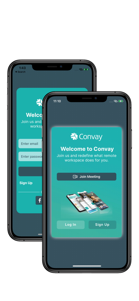 Convay app welcome screen on iPhones showing login and join meeting options