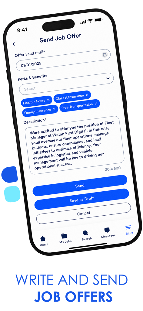Imploy - Recruiter interface in the Imploy app showing how to create and send a job offer with benefits and description