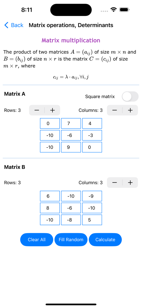 Math Solver Pro - Mathe-Löser Pro Mobile App-Oberfläche für Matrixmultiplikation mit 3x3 Eingabegittern und theoretischer Erklärung.