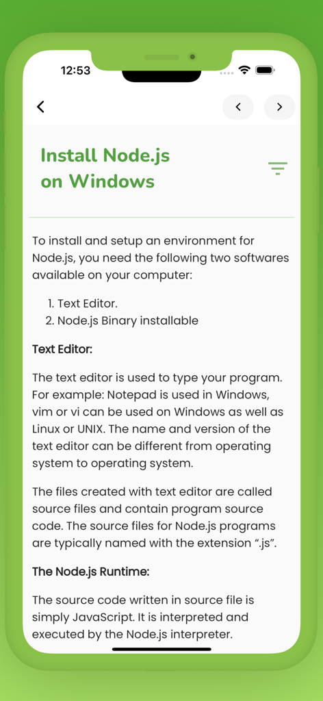 NodeJS Programming Guide - Ein Tutorial-Bildschirm einer mobilen App, der die Anforderungen und Schritte zur Installation von Nodejs unter Windows erklärt.