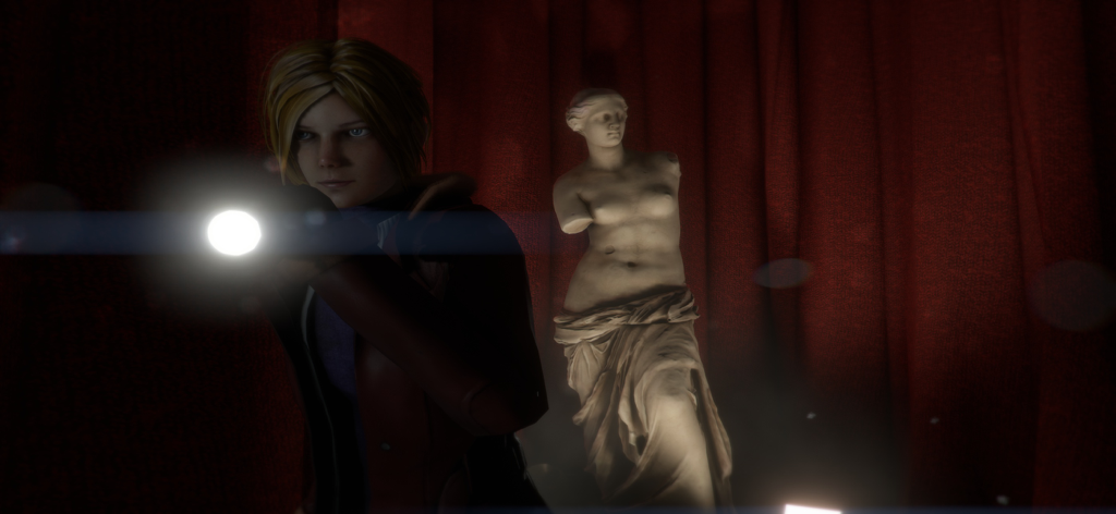 Rose Hawkins using a flashlight in a dark room with a statue and red curtains in Forgotten Memories Remastered