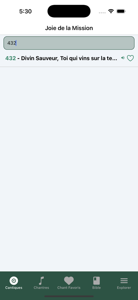 Joy of Missionアプリのインターフェースに、番号でフランス語の賛美歌を検索している表示