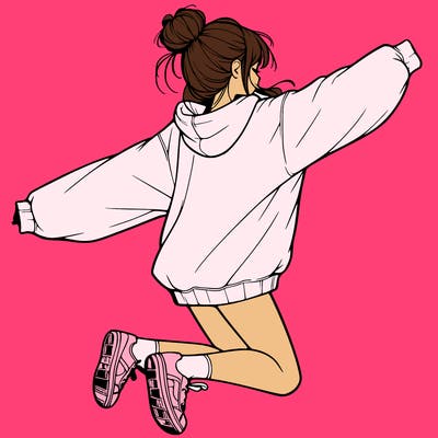 realistic girl jumping with a bun and oversized sweatshirt