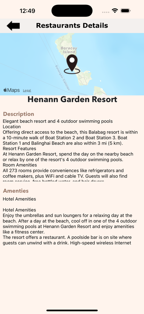 Boracay - Island Guide - Boracay Island Guide app showing resort details and location map for Henann Garden Resort