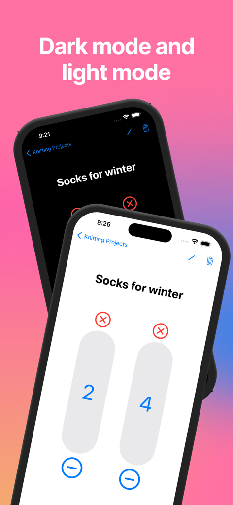 Captura de pantalla de la aplicación Easy Row Counter que muestra interfaces de modo oscuro y claro lado a lado para un proyecto de tejido