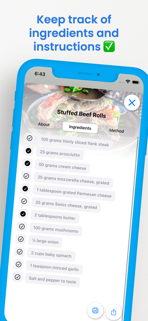 Keto Diet Recipes - Mobile app screen showing a keto recipe for stuffed beef rolls with an interactive ingredients checklist