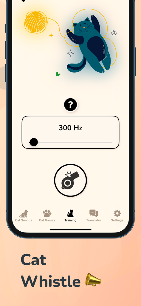 Cat Translator Meow Sounds - A mobile app interface for a cat whistle feature showing a frequency slider set to 300 Hz and a whistle icon