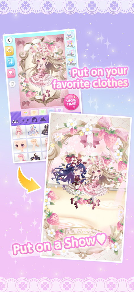 CocoPPa Play - Two screenshots of CocoPPa Play showing the avatar dressing interface and a finished fashion show stage with cute anime models.