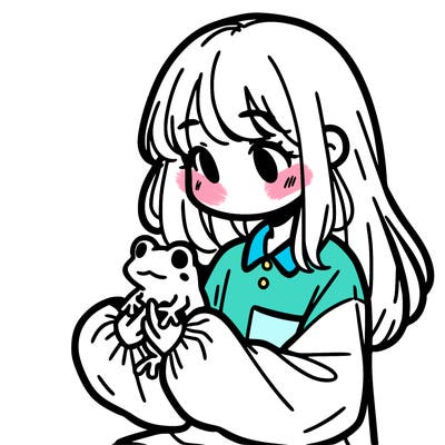 girl with long hair and a oversized shirt. and she is holding a frog