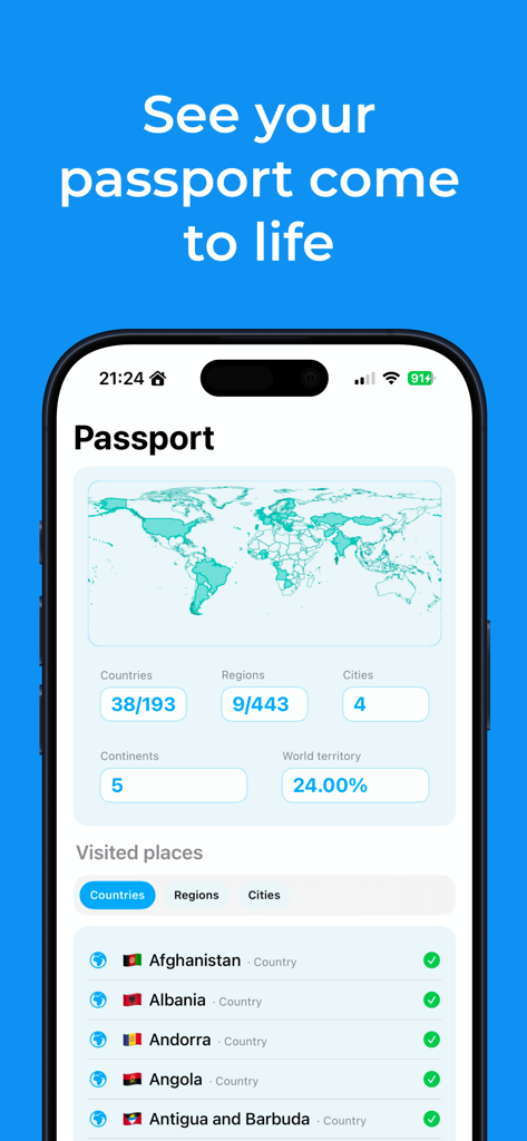 Been Atlas - Travel Map - Digitaler Reisepass-Bildschirm in Been Atlas, der eine Weltkarte mit Reisedaten für besuchte Länder und Regionen zeigt