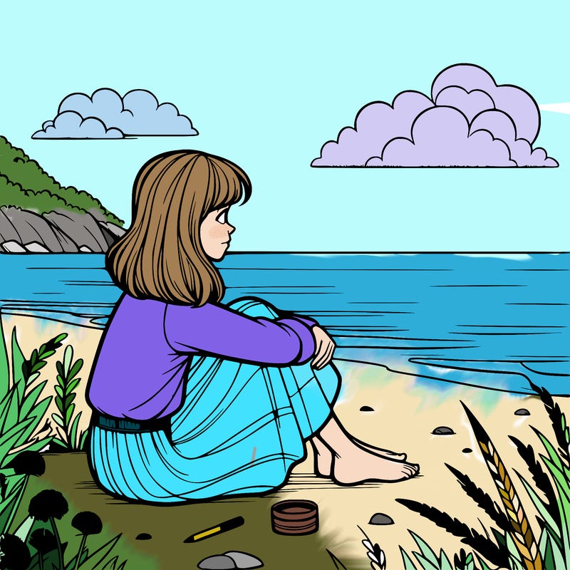 realistic girl sitting by a beach
