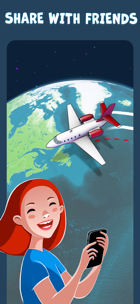 Illustration of a girl sharing an animated flight route over a world map on her smartphone